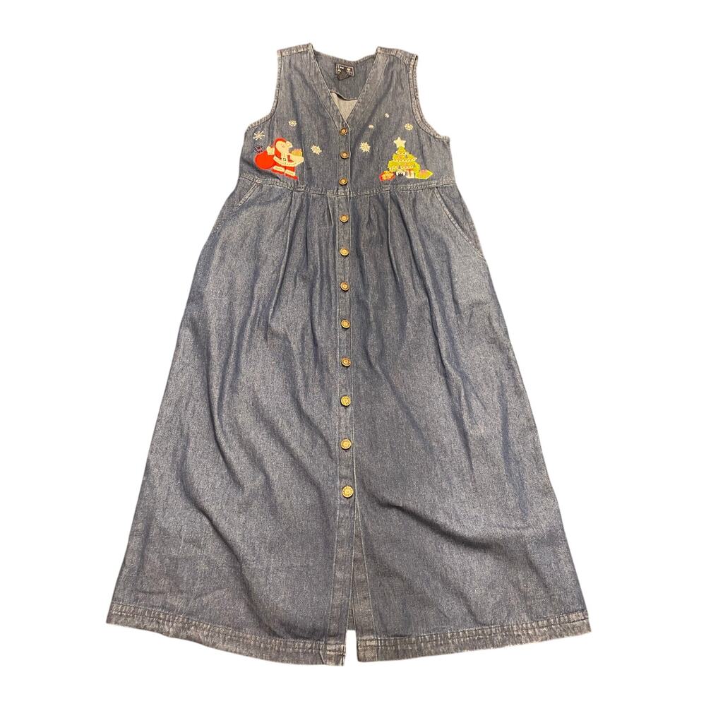 Vintage Christmas Holiday Party Dress Denim Embroidered Santa Tree Sz Petite Med